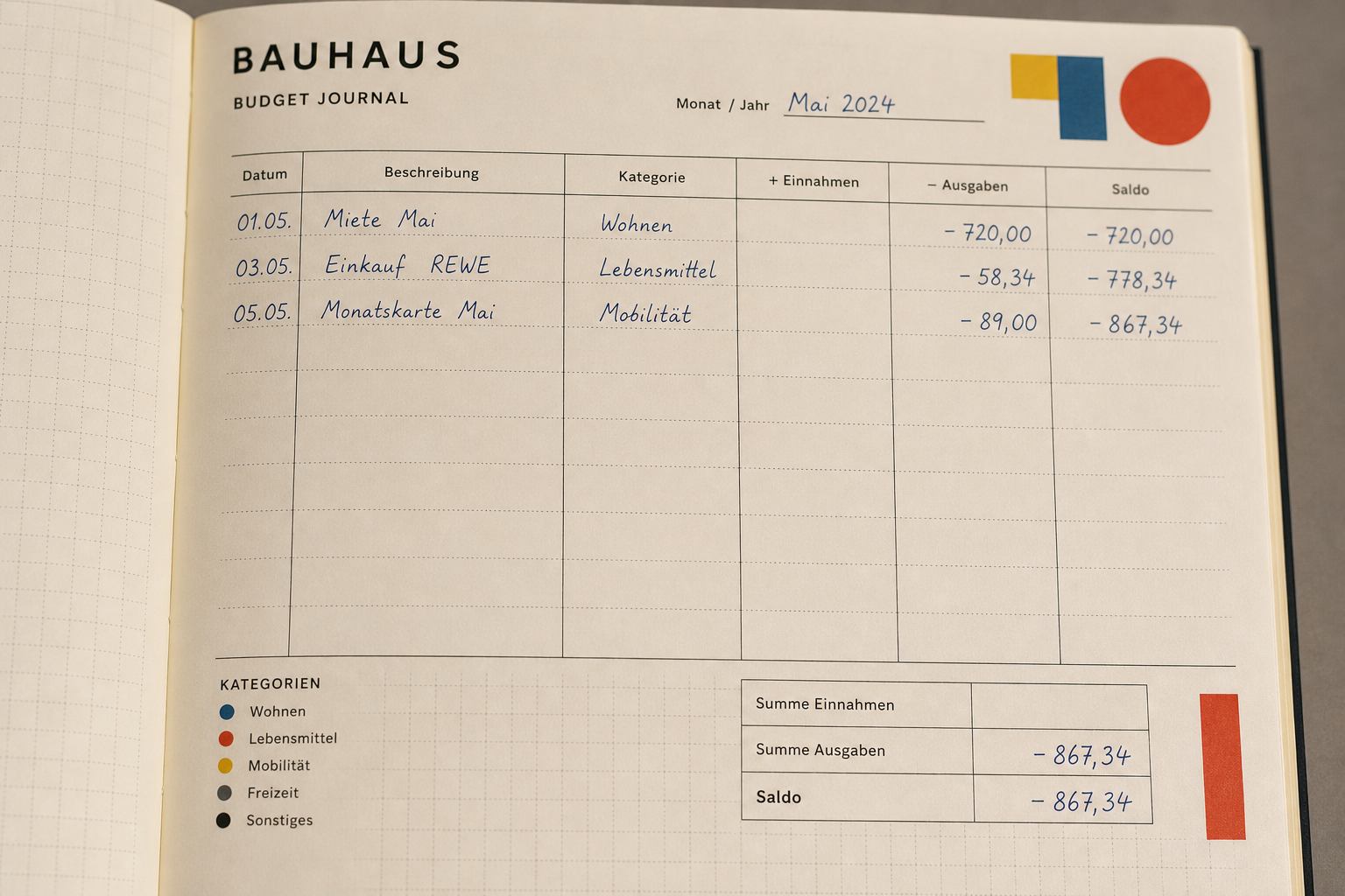 Teilweise ausgefüllte Seite eines Haushaltsbuchs mit deutschen Einträgen