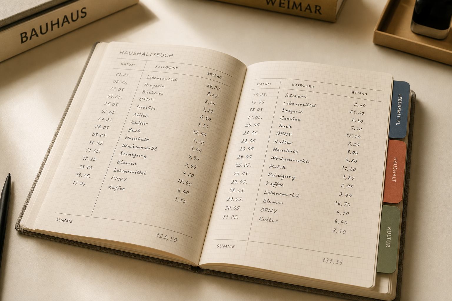 Offenes Haushaltsbuch mit Kategorien und handschriftlichen Einträgen